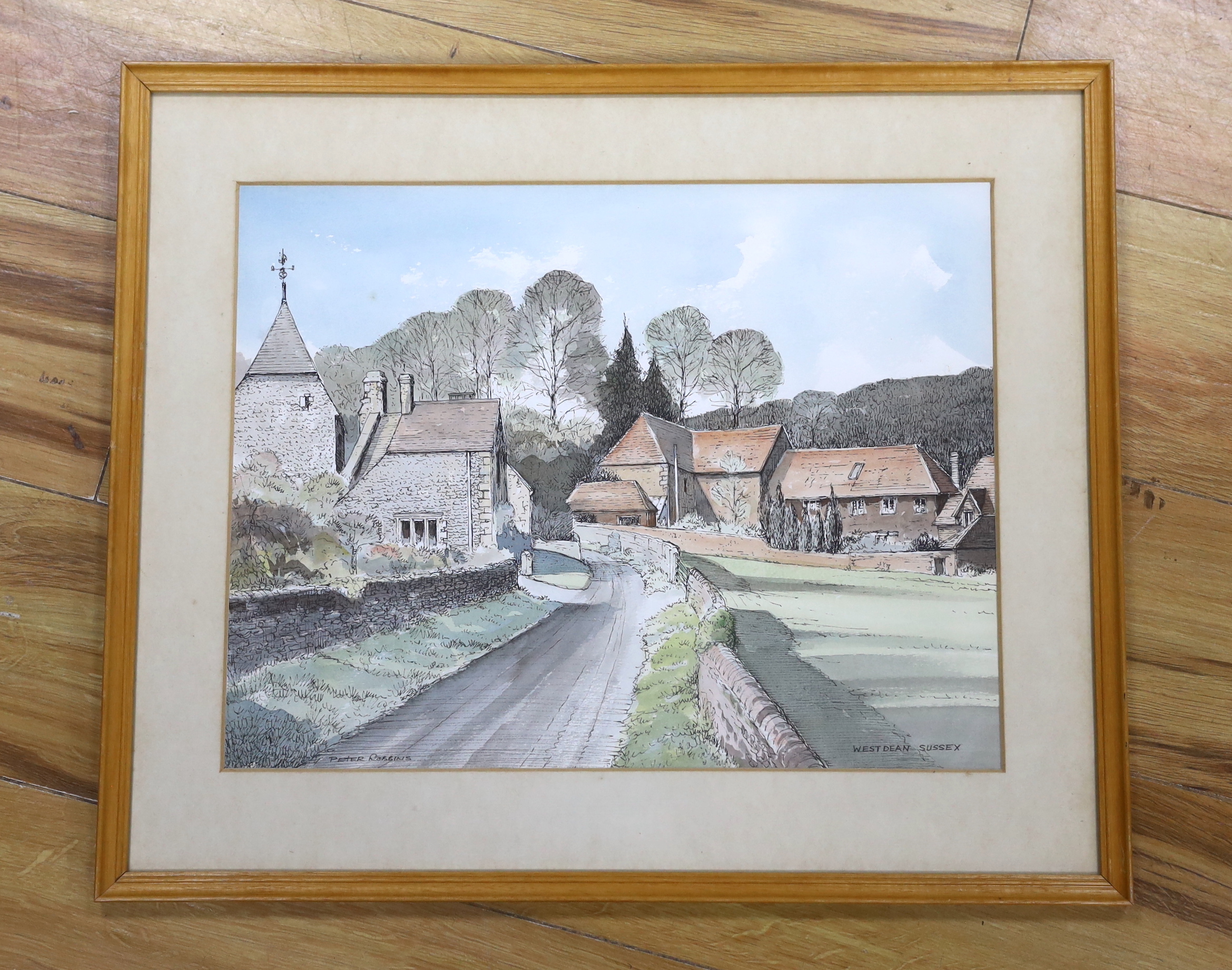 Peter Robbins (Contemporary), ink and watercolour, West Dean, Sussex, signed and inscribed, 33 x 41cm